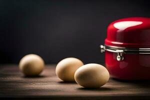 eggs in a basket on a wooden table. AI-Generated photo