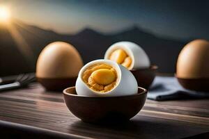 eggs in a bowl on a table. AI-Generated photo