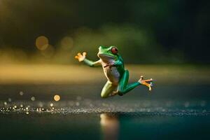 a frog jumping in the air on a wet surface. AI-Generated photo