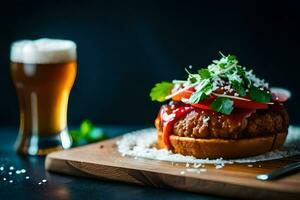 a burger with a beer and a glass of beer. AI-Generated photo