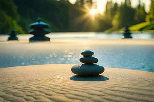 a stack of rocks sitting on the sand at sunset. AI-Generated photo