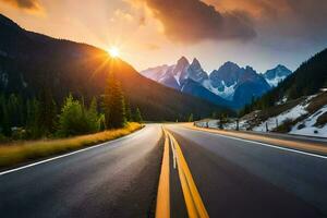 un la carretera con montañas en el antecedentes a puesta de sol. generado por ai foto