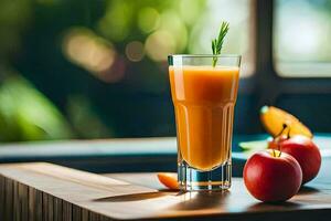 a glass of orange juice with apples on a table. AI-Generated photo