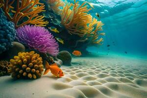 an underwater scene with colorful corals and fish. AI-Generated photo