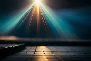 a light beam shines through the sky over a dark floor. AI-Generated photo