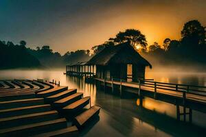 a wooden dock and a hut in the middle of a lake. AI-Generated photo