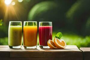 three glasses of juice on a table. AI-Generated photo