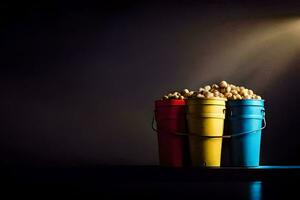 three buckets of popcorn on a table. AI-Generated photo