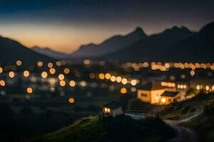 un pequeño pueblo en el montañas a noche. generado por ai foto