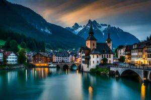 el hermosa pueblo de Suiza a oscuridad. generado por ai foto