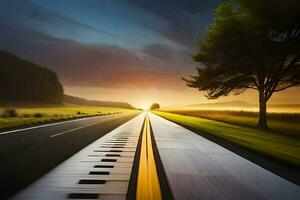 a piano keyboard is on the road at sunset. AI-Generated photo