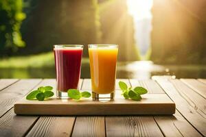 dos lentes de jugo en un de madera mesa. generado por ai foto