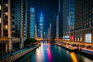 chicago river at night with buildings and lights. AI-Generated photo