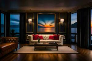 a living room with a large painting of a sunset. AI-Generated photo