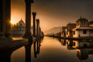 the sun sets behind a building in the middle of a lake. AI-Generated photo