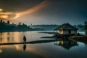 a man stands in front of a hut on the shore of a lake. AI-Generated photo