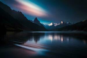 a lake and mountains at night with a bright light shining on them. AI-Generated photo