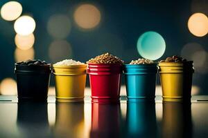 five colorful buckets with different types of food. AI-Generated photo