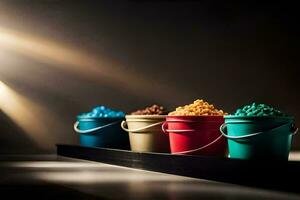 a row of buckets with colorful candy in them. AI-Generated photo