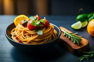 spaghetti with tomatoes, basil and lemon slices. AI-Generated photo