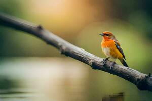 un pequeño pájaro es sentado en un rama cerca agua. generado por ai foto