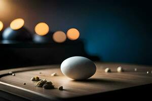 an egg on a cutting board with candles in the background. AI-Generated photo