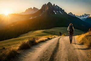 a man with a backpack walks down a dirt road in the mountains. AI-Generated photo