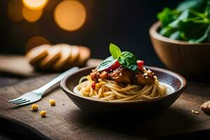 spaghetti with meatballs and spinach on a wooden table. AI-Generated photo