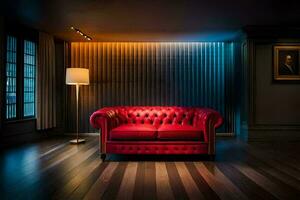 a red leather couch in a dark room. AI-Generated photo