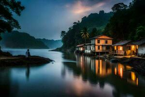 a man stands on the shore of a river at dusk. AI-Generated photo