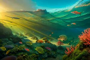 the sun shines over a coral reef and fish. AI-Generated photo