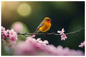 a bird sits on a branch with pink flowers. AI-Generated photo