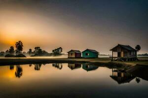 three small houses sit on the shore of a lake at sunrise. AI-Generated photo