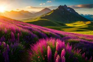 el Dom sube terminado el montañas y púrpura flores en el primer plano. generado por ai foto