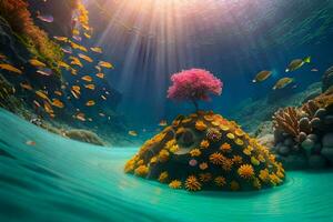 a tree with flowers and fish in the ocean. AI-Generated photo