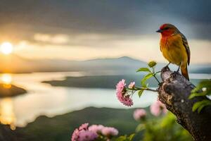 un pájaro se sienta en un rama con vista a un lago y montañas. generado por ai foto