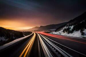 a long exposure photo of a highway at sunset. AI-Generated