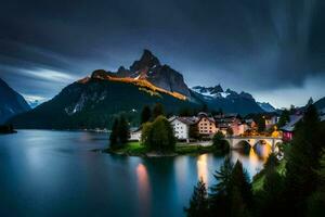 un pueblo y lago en el montañas a noche. generado por ai foto