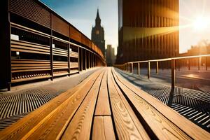 a wooden walkway in front of a city building. AI-Generated photo