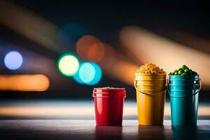 three colorful buckets with food on them. AI-Generated photo