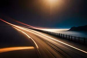un largo exposición fotografía de un la carretera a noche. generado por ai foto