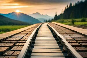 a railroad track leading to a mountain at sunset. AI-Generated photo