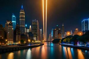 un río con luces en el cielo y un ciudad horizonte. generado por ai foto