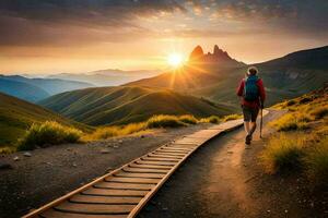 un hombre con un mochila caminando en un camino en el montañas. generado por ai foto