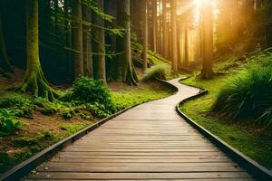 a wooden path in the forest with the sun shining. AI-Generated photo