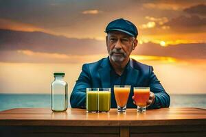 a man sitting at a table with juice and juice. AI-Generated photo