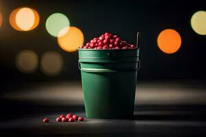 a bucket filled with cranberries on a table. AI-Generated photo