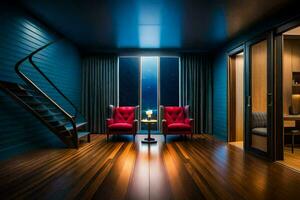 a room with blue walls and wooden floors. AI-Generated photo