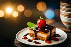 a piece of cheesecake with strawberries and chocolate sauce. AI-Generated photo