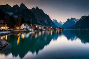 un lago y montañas a oscuridad. generado por ai foto